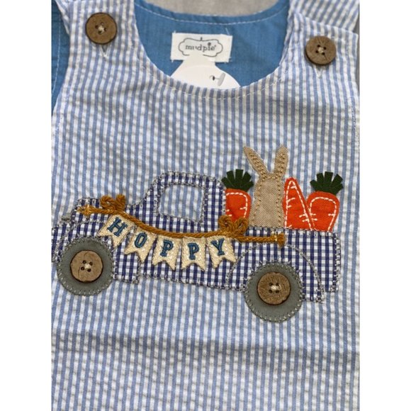 Mud Pie blue seersucker EASTER BUNNY RABBIT JON JON romper NEW 3-6m NWOT - Picture 2 of 2